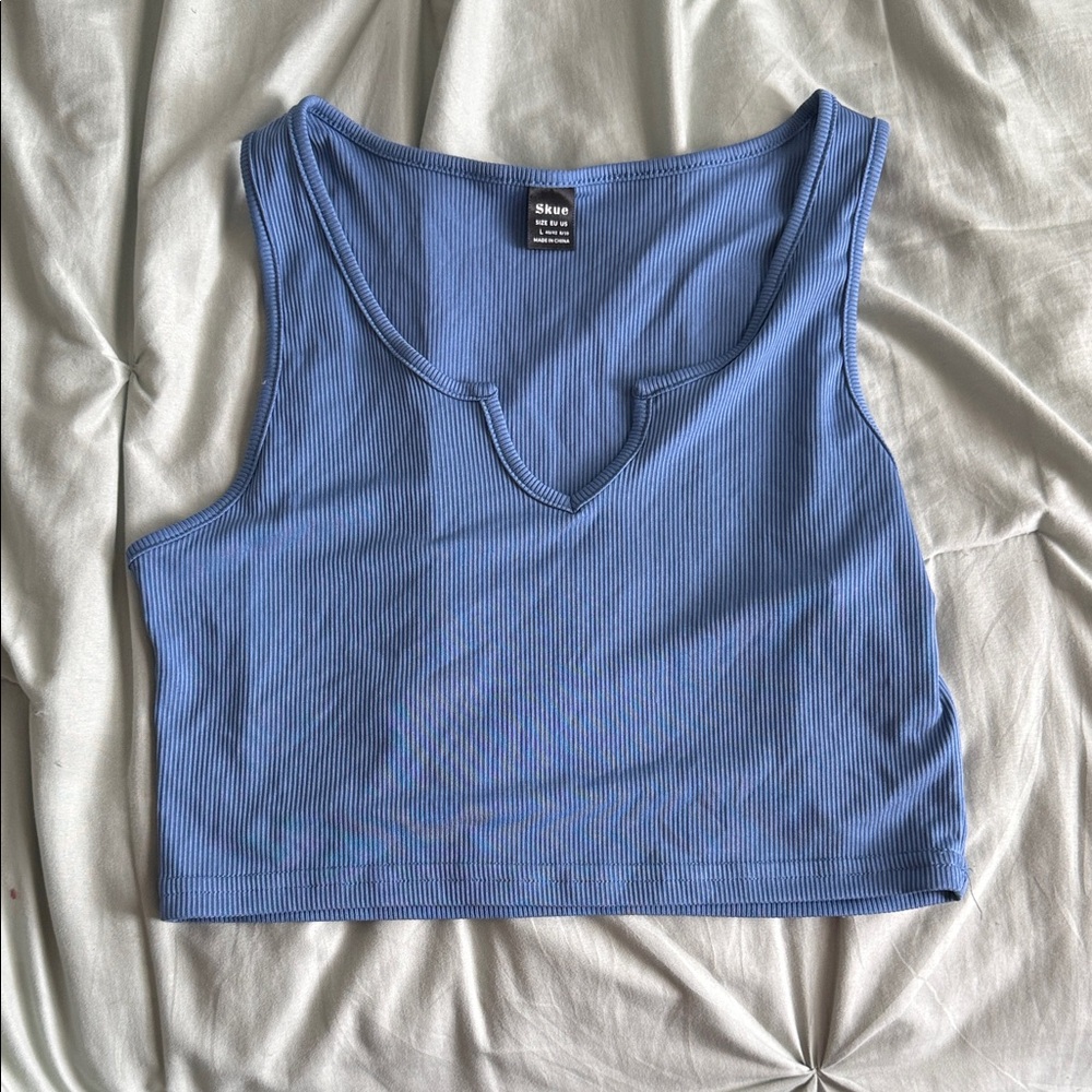 Blue Ribbed Notch-Neck Crop Tank